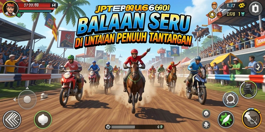 Gameplay menegangkan dalam JPTERUS66 di lintasan balapan.