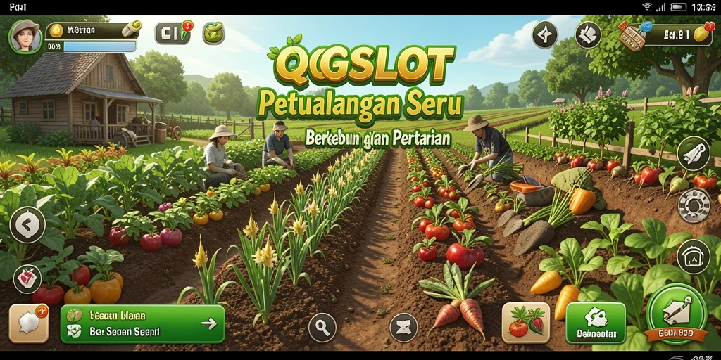 Screenshot dari gameplay QQSLOT menampilkan ladang yang subur dan aktivitas berkebun.