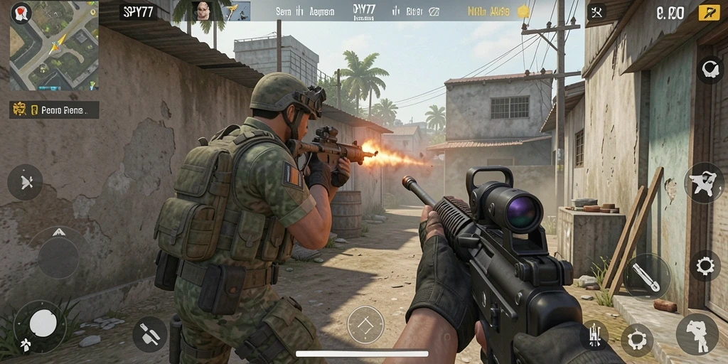 Screenshot gameplay SPY77 yang menunjukkan aksi mendebarkan di medan perang.